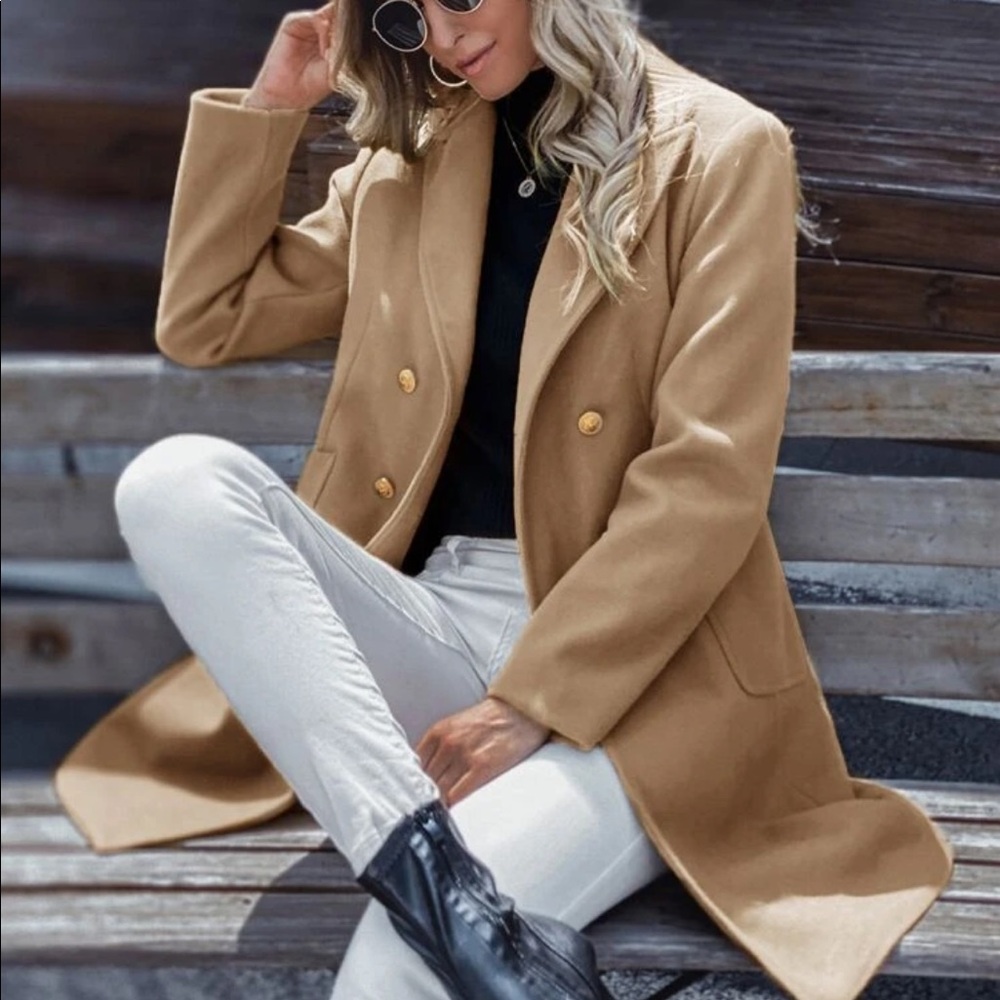 New Camel Brown Double Breasted Trench Coat Pea Coat - Picture 5 of 7